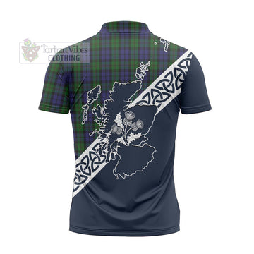 Dundas Tartan Zipper Polo Shirt Featuring Thistle and Scotland Map - Tartanvibesclothing Store