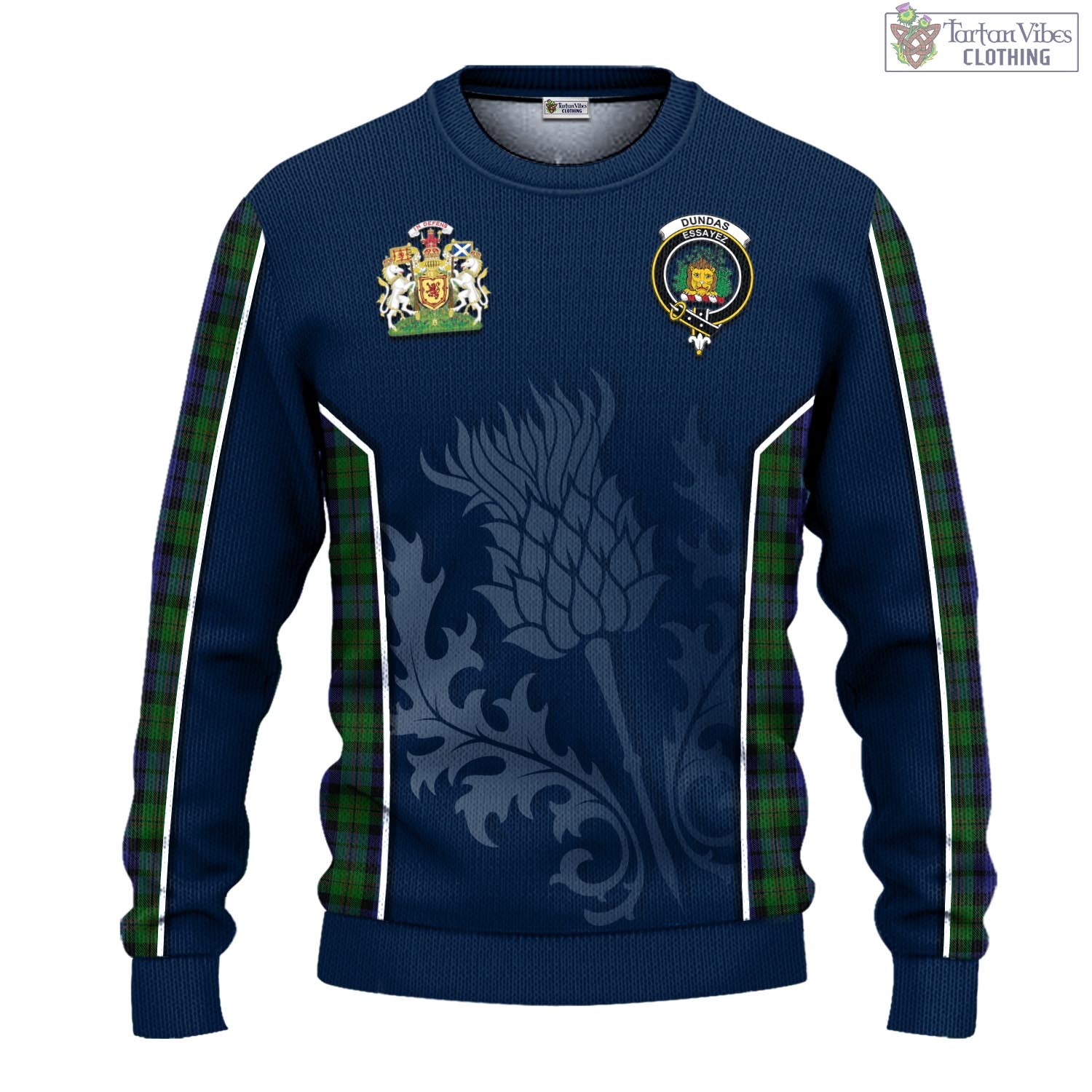 Tartan Vibes Clothing Dundas Tartan Knitted Sweatshirt with Family Crest and Scottish Thistle Vibes Sport Style
