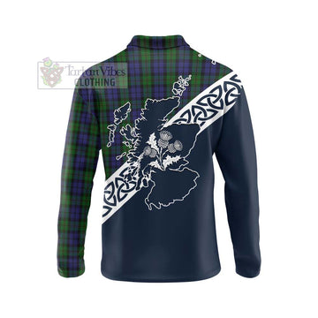 Dundas Tartan Long Sleeve Polo Shirt Featuring Thistle and Scotland Map - Tartan Vibes Clothing