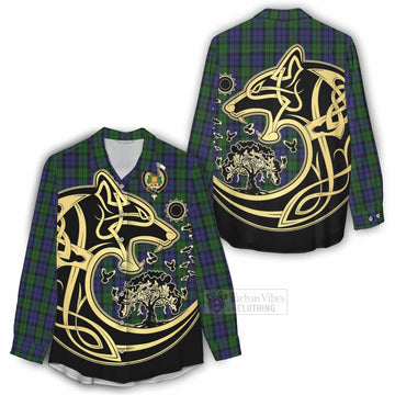 Dundas Tartan Women's Casual Shirt with Family Crest Celtic Wolf Style - Tartan Vibes Clothing
