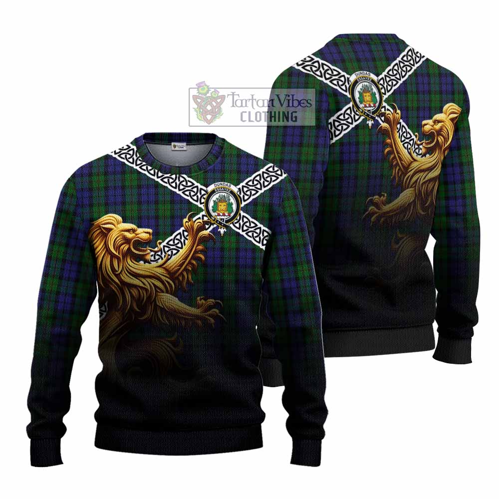 Dundas Crest Tartan Knitted Sweater with Golden Lion Emblem Celtic Style - Tartan Vibes Clothing