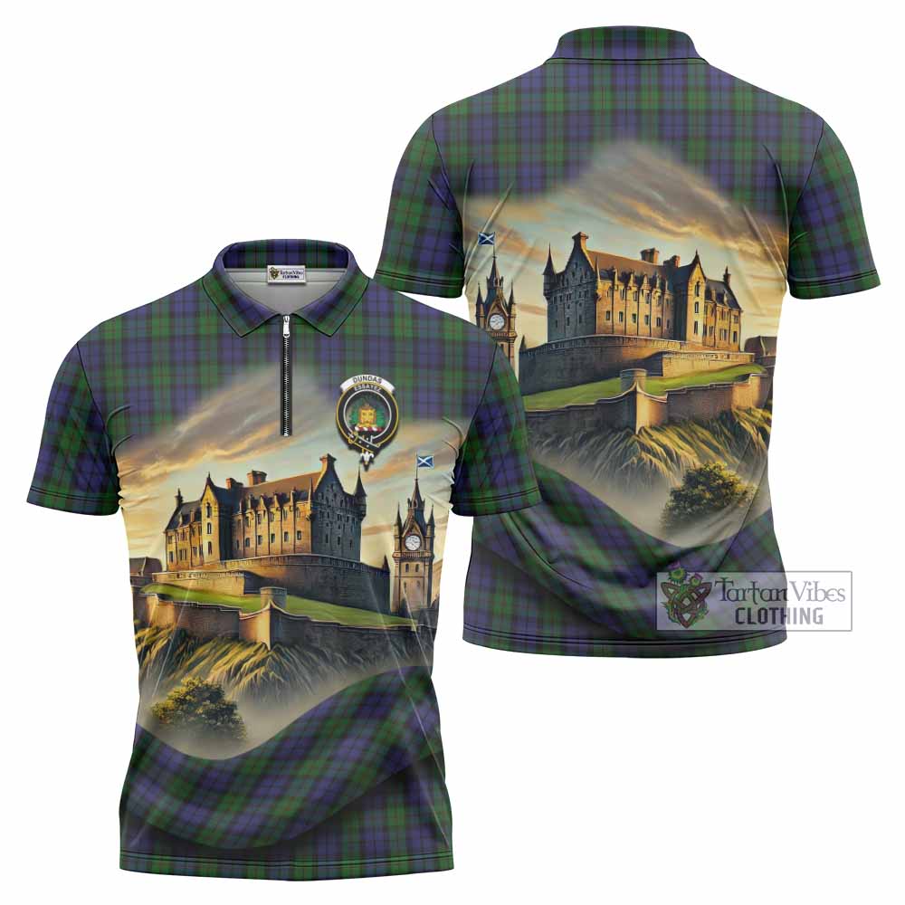 Dundas Tartan Family Crest Zipper Polo Shirt with Scottish Ancient Castle Style - Tartan Vibes Clothing