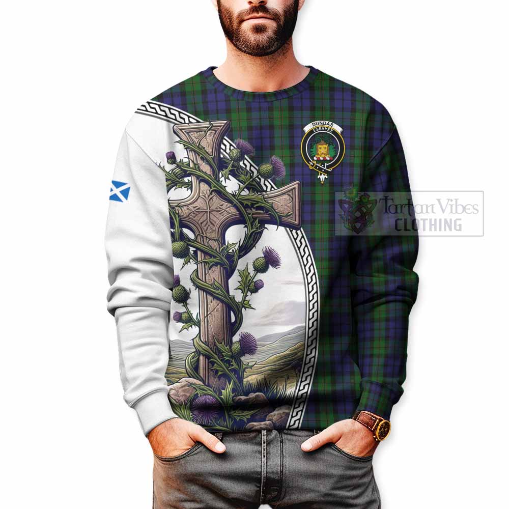Dundas Tartan Sweatshirt with Family Crest and St. Andrew's Cross Accented by Thistle Vines - Tartan Vibes Clothing
