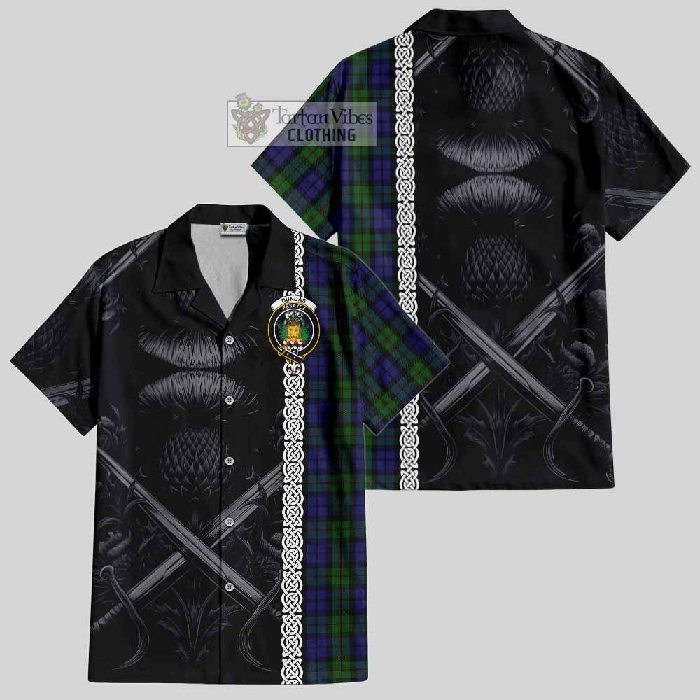 Dundas Tartan Hawaiian Shirt with Family Crest Cross Sword Thistle Celtic Vibes - Tartan Vibes Clothing