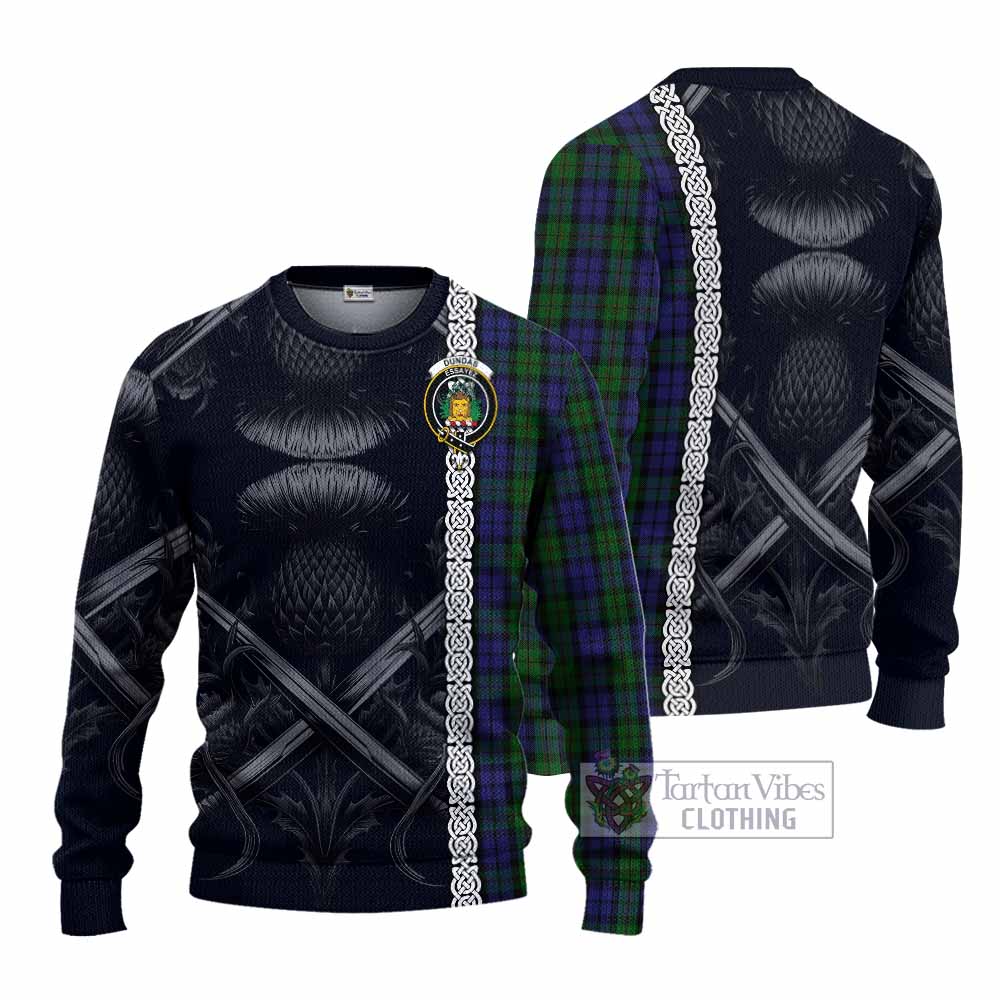 Dundas Tartan Knitted Sweater with Family Crest Cross Sword Thistle Celtic Vibes - Tartan Vibes Clothing