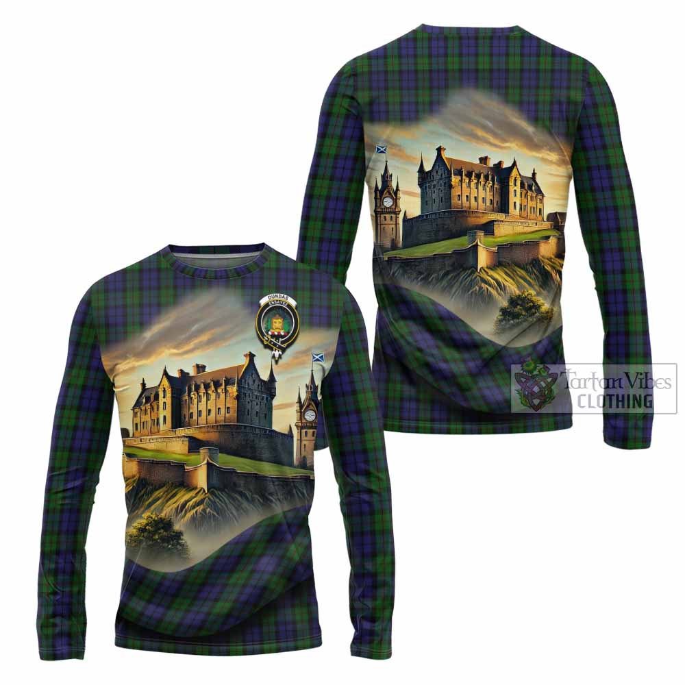 Dundas Tartan Family Crest Long Sleeve T-Shirt with Scottish Ancient Castle Style - Tartan Vibes Clothing
