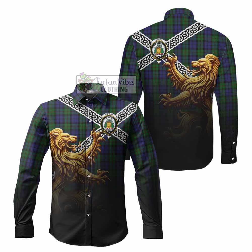 Dundas Crest Tartan Long Sleeve Button Shirt with Golden Lion Emblem Celtic Style - Tartan Vibes Clothing