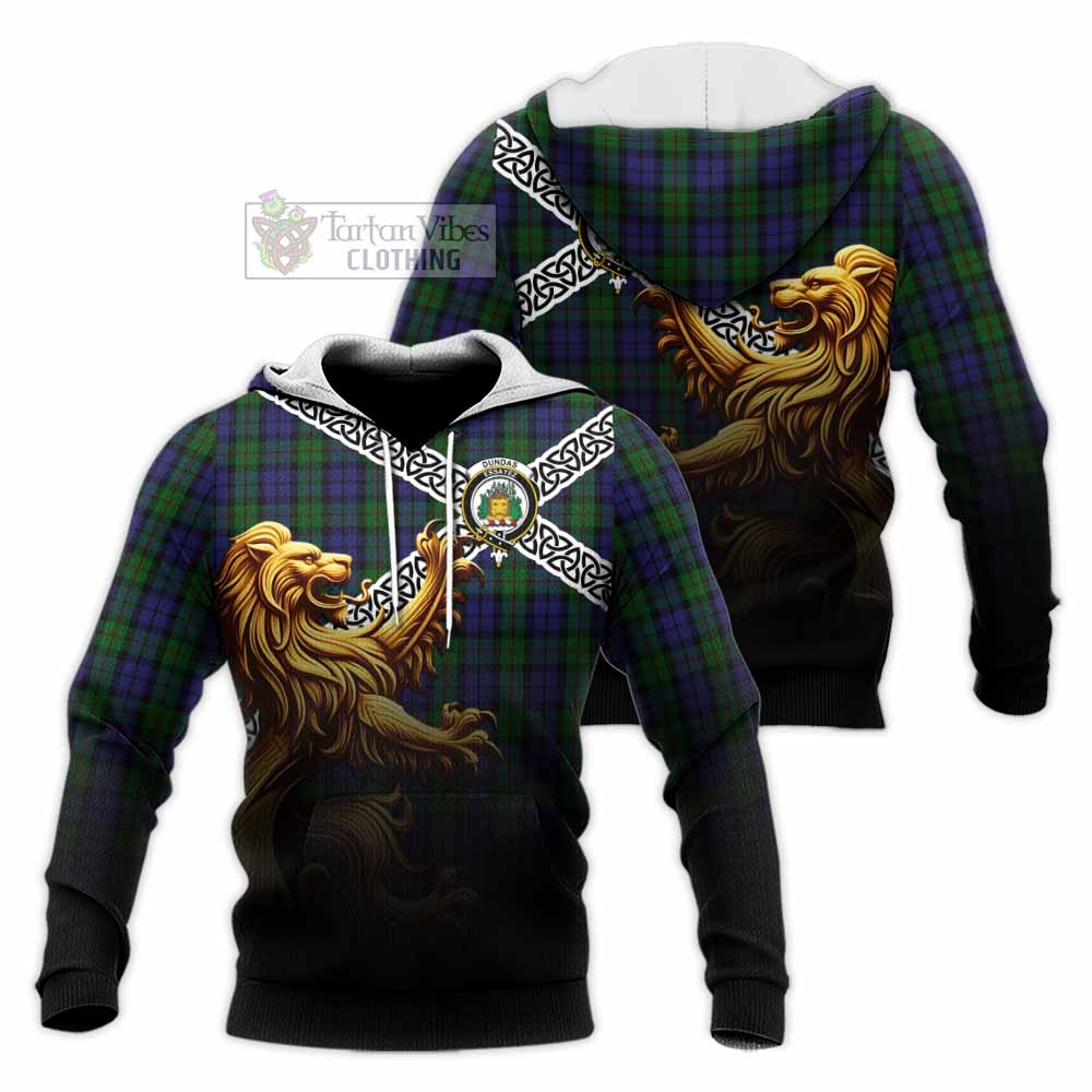Dundas Crest Tartan Knitted Hoodie with Golden Lion Emblem Celtic Style - Tartan Vibes Clothing