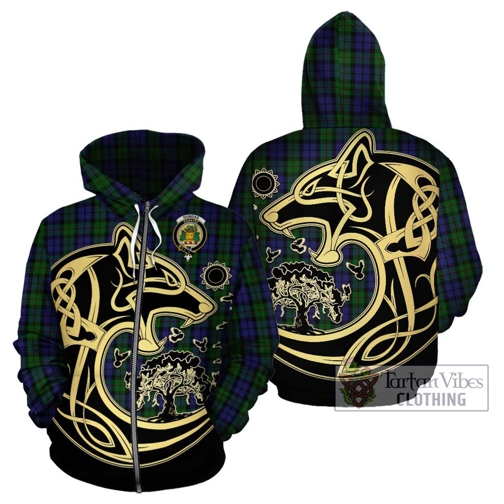 Dundas Tartan Hoodie with Family Crest Celtic Wolf Style - Tartan Vibes Clothing