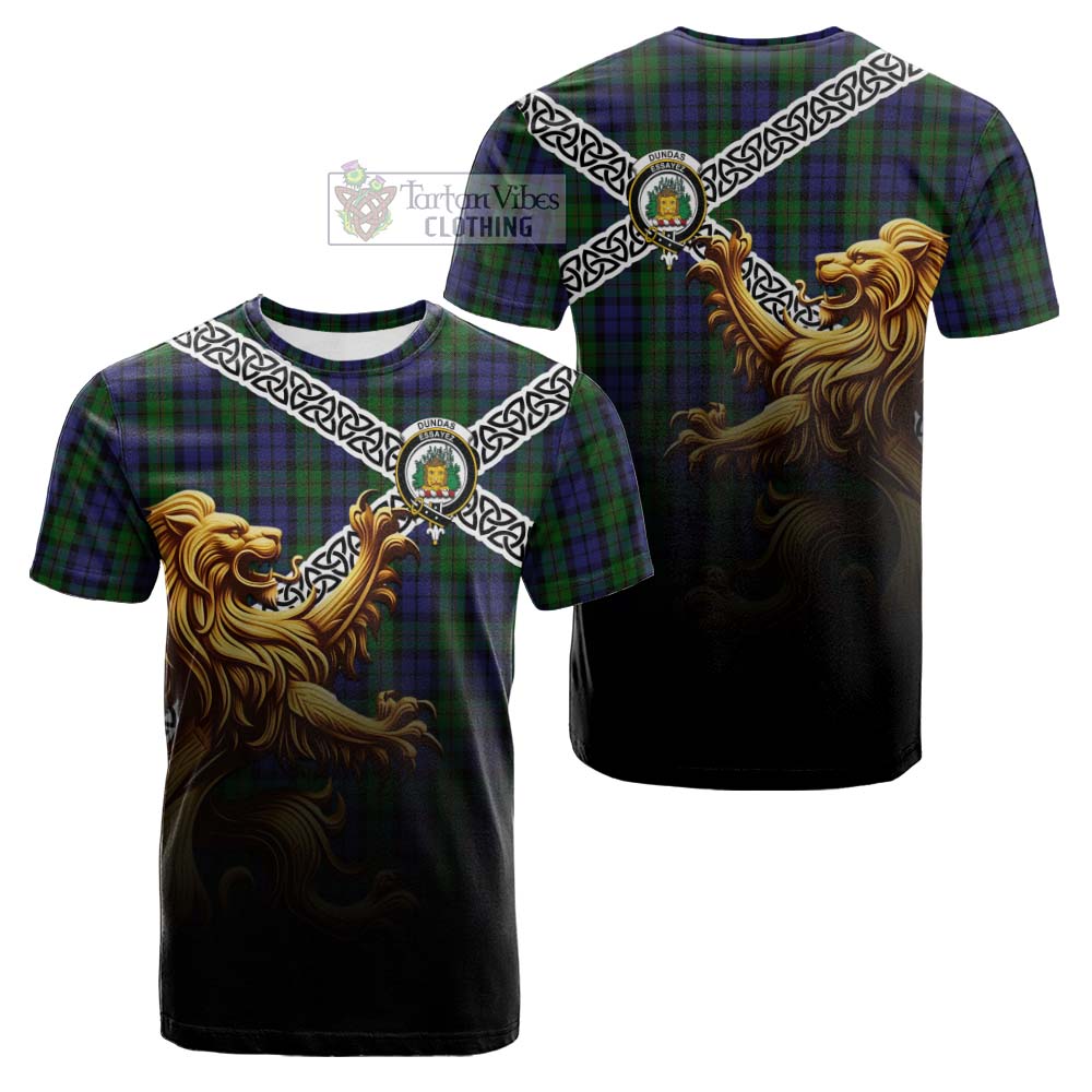 Dundas Crest Tartan Cotton T-shirt with Golden Lion Emblem Celtic Style - Tartan Vibes Clothing