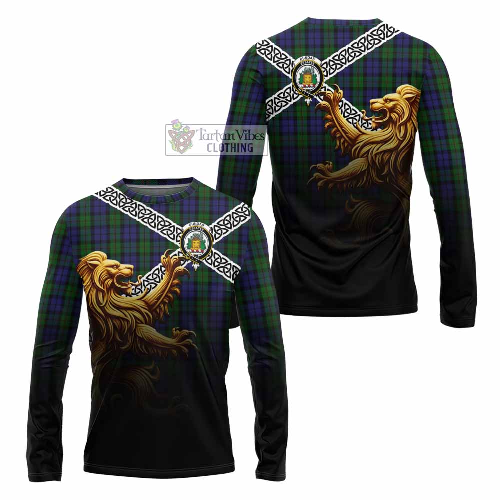 Dundas Crest Tartan Long Sleeve T-Shirt with Golden Lion Emblem Celtic Style - Tartan Vibes Clothing
