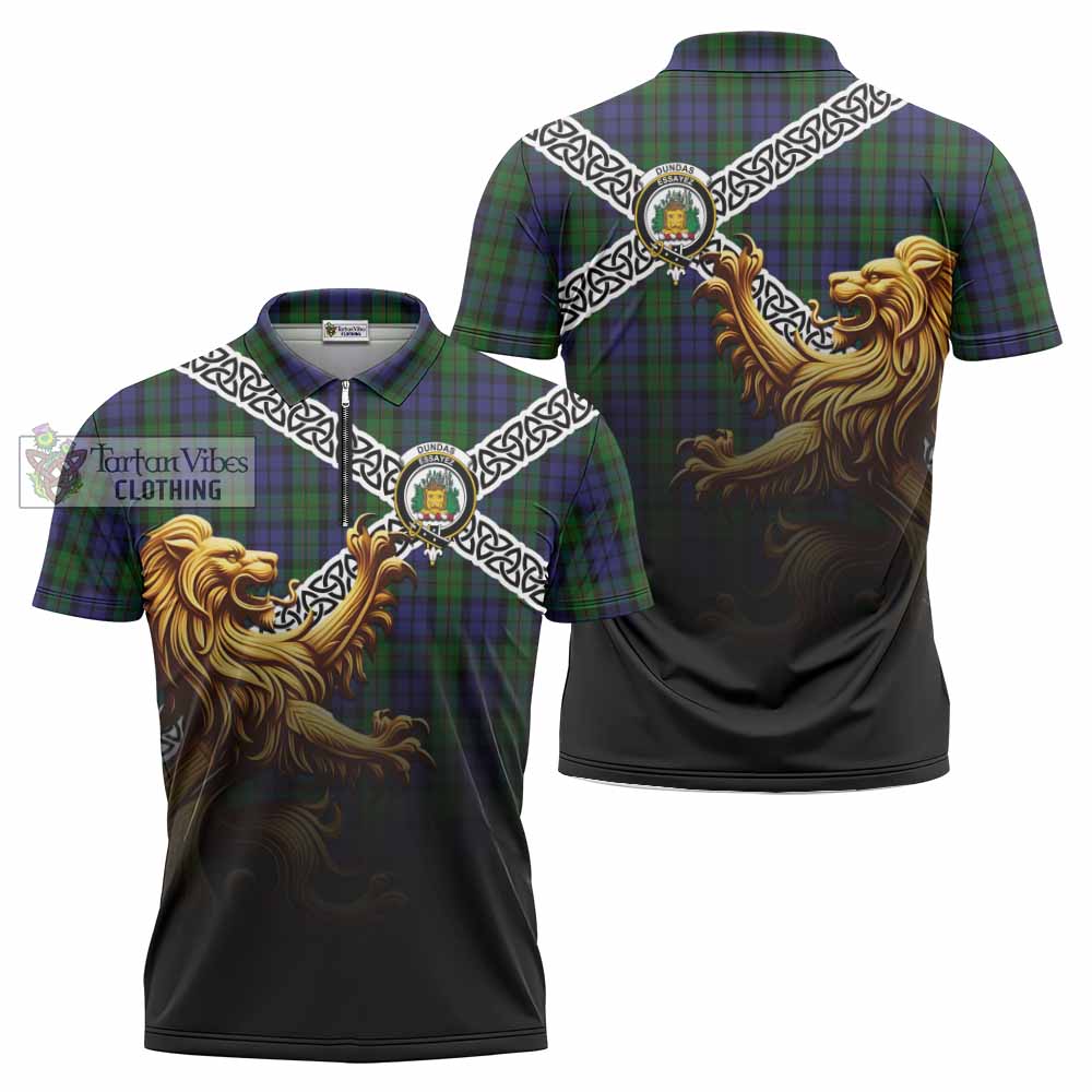 Dundas Crest Tartan Zipper Polo Shirt with Golden Lion Emblem Celtic Style - Tartan Vibes Clothing