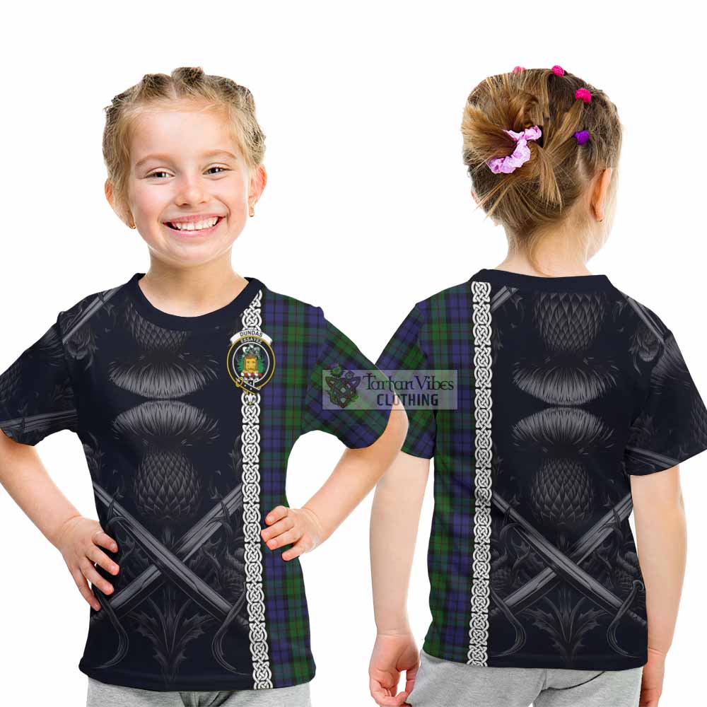 Dundas Tartan Kid T-Shirt with Family Crest Cross Sword Thistle Celtic Vibes - Tartan Vibes Clothing