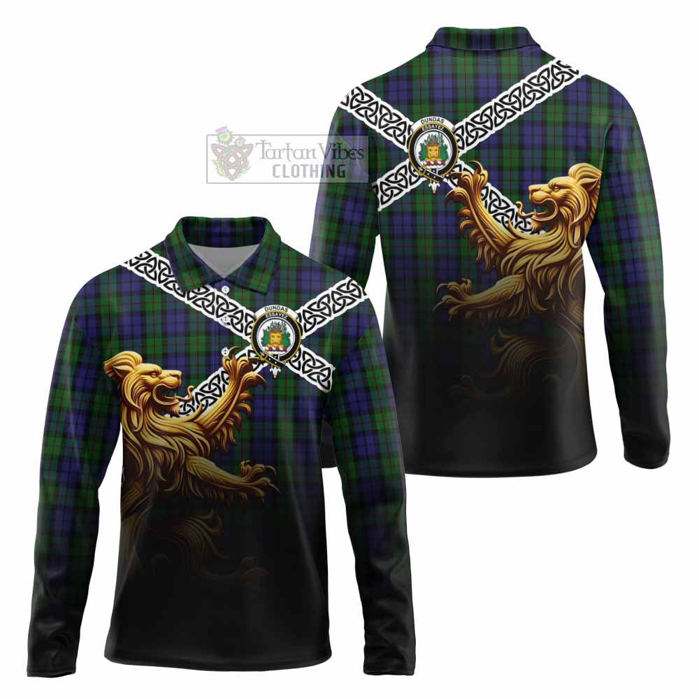 Dundas Crest Tartan Long Sleeve Polo Shirt with Golden Lion Emblem Celtic Style - Tartan Vibes Clothing