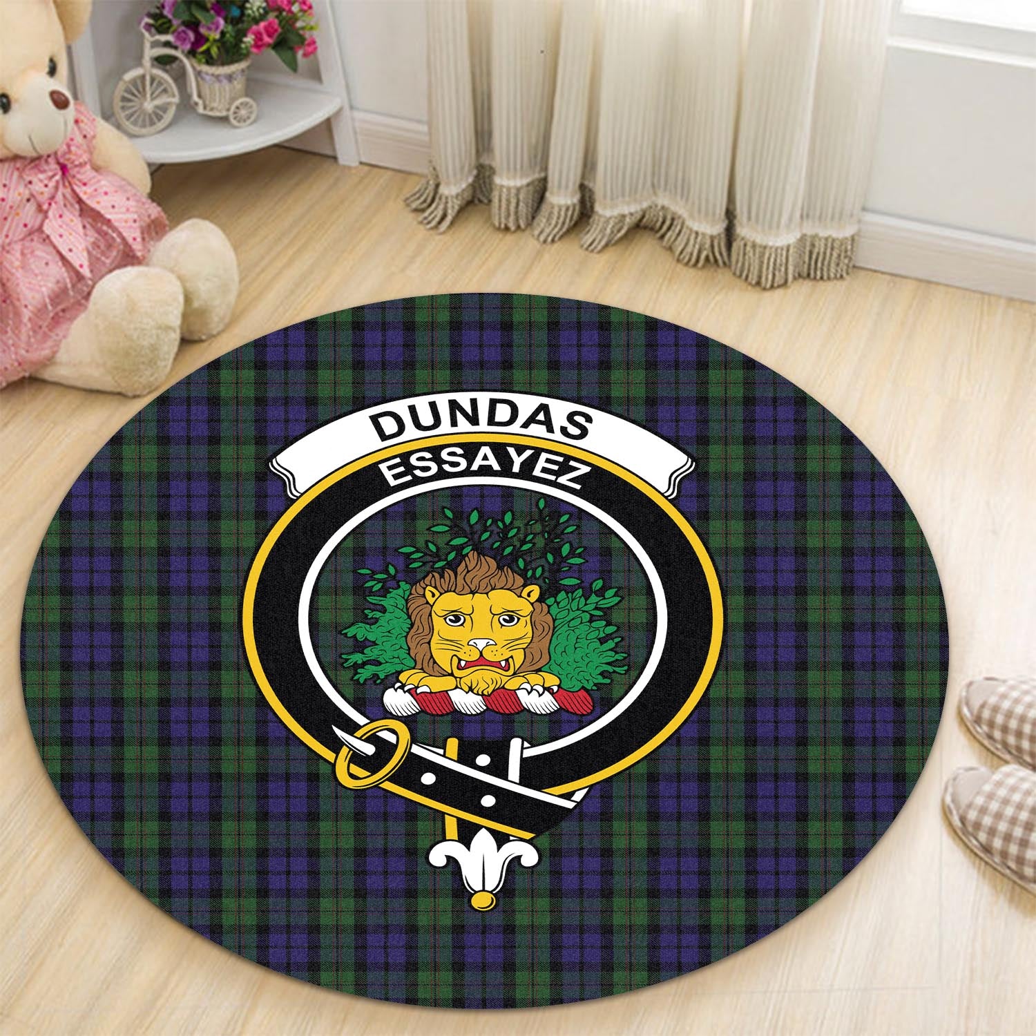 Dundas Tartan Round Rug with Family Crest - Tartan Vibes Clothing
