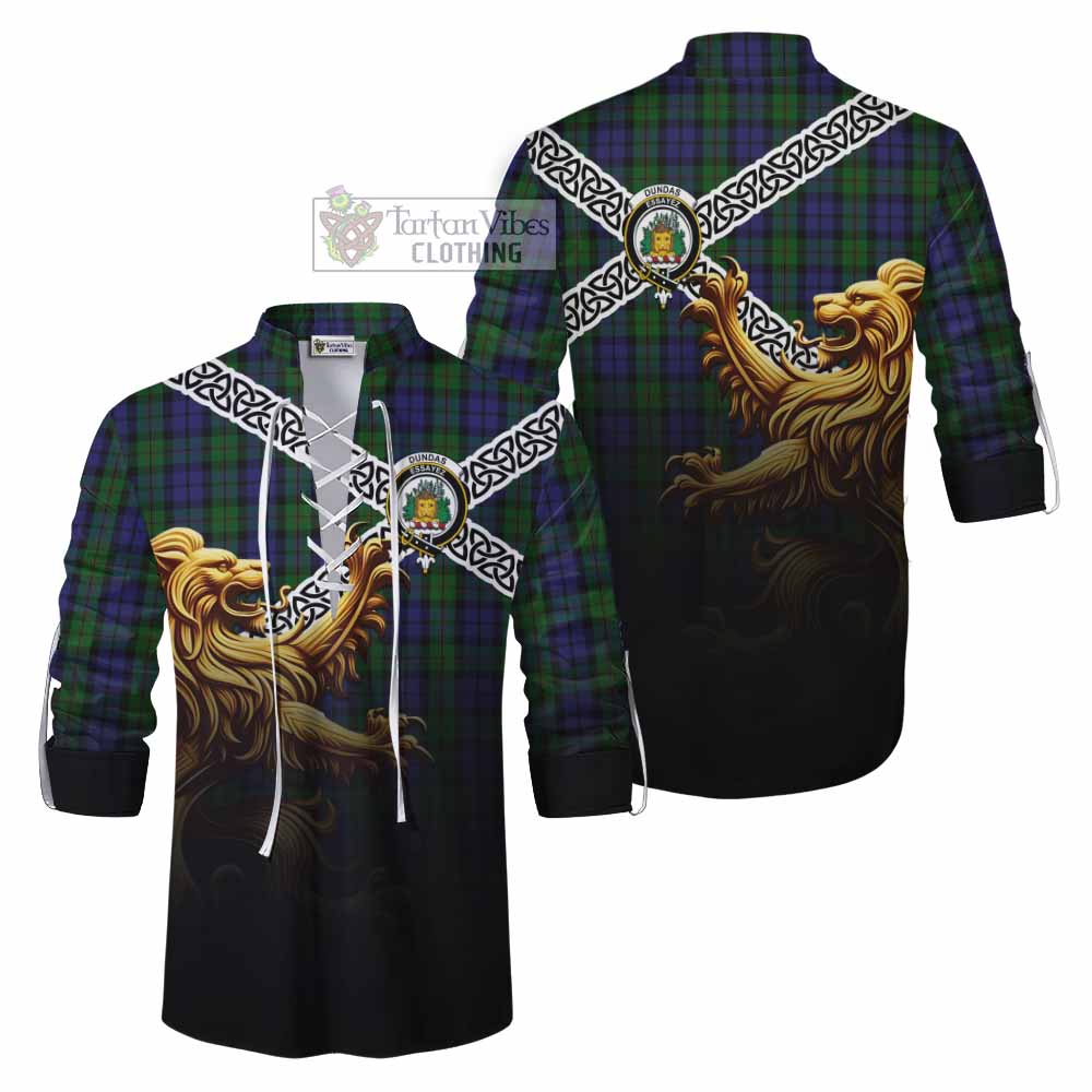 Dundas Crest Tartan Ghillie Kilt Shirt with Golden Lion Emblem Celtic Style - Tartan Vibes Clothing
