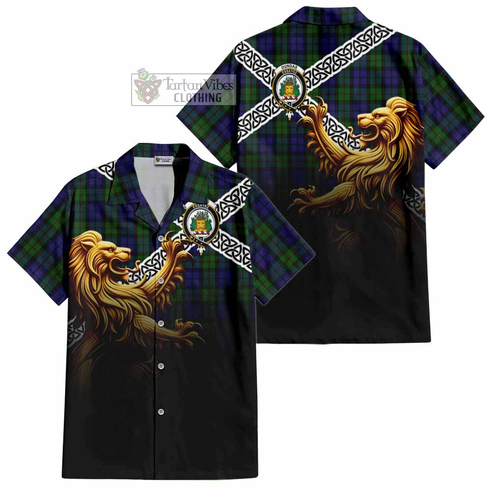 Dundas Crest Tartan Hawaiian Shirt with Golden Lion Emblem Celtic Style - Tartan Vibes Clothing