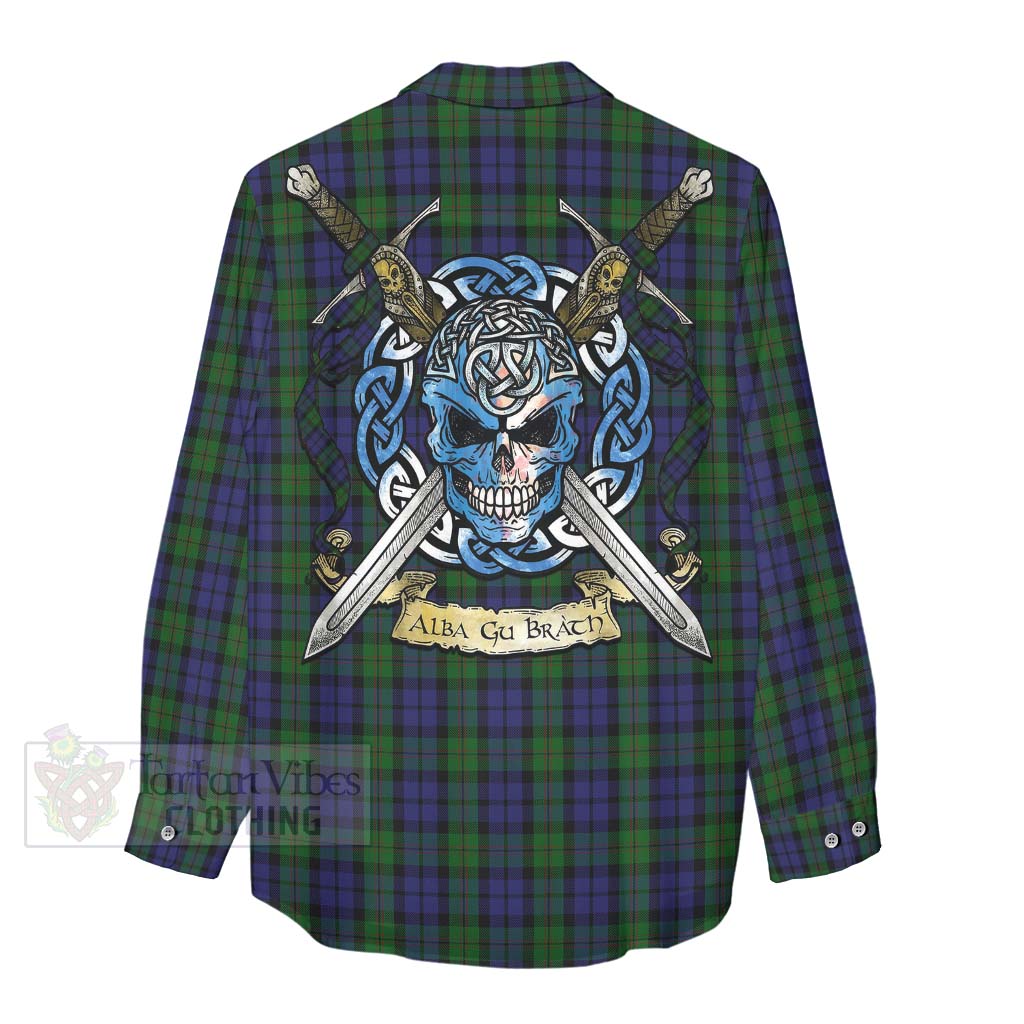Dundas Tartan Women's Casual Shirt with Family Crest Celtic Skull Style - Tartan Vibes Clothing