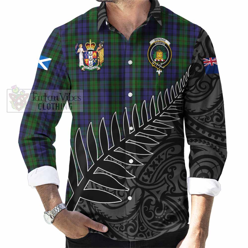 Dundas Crest Tartan Long Sleeve Button Shirt with New Zealand Silver Fern Half Style - Tartan Vibes Clothing