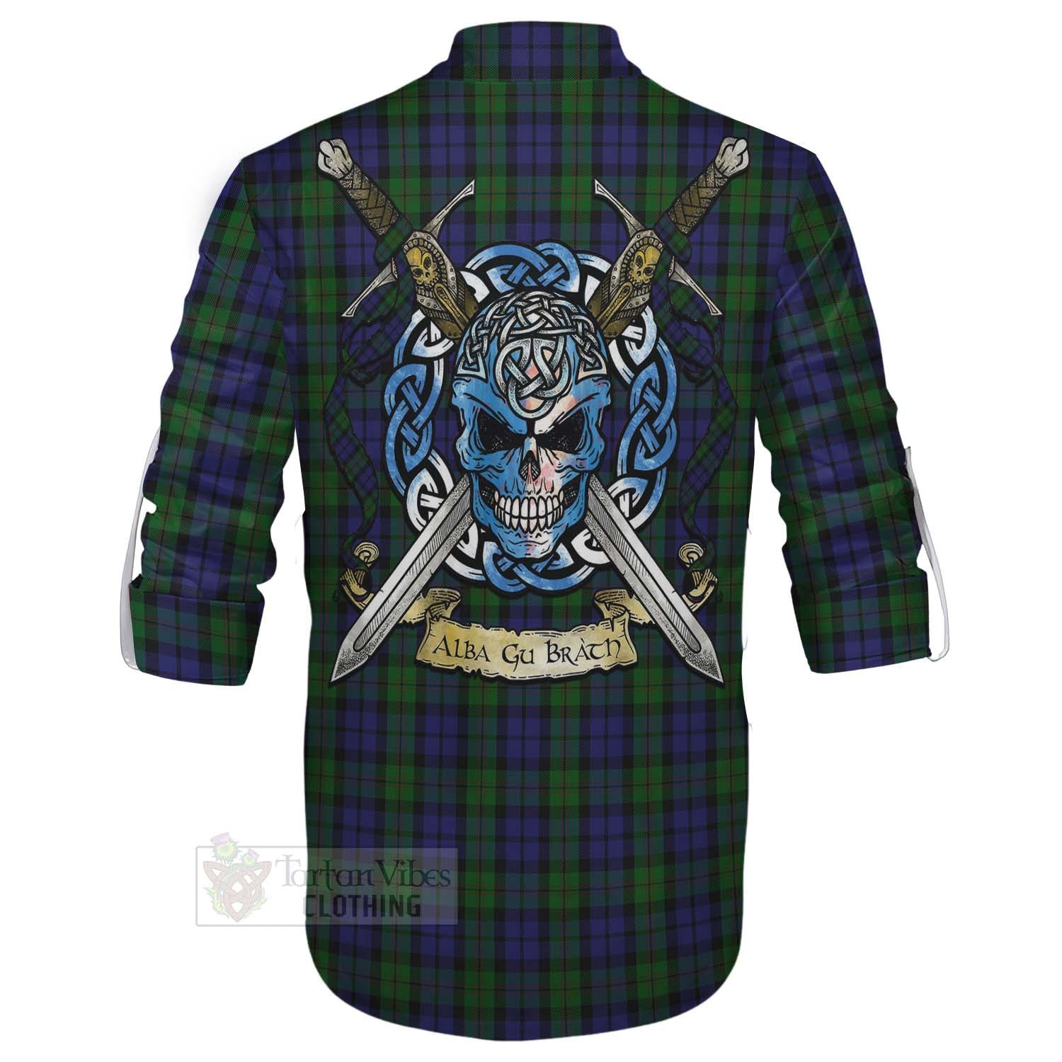 Dundas Tartan Ghillie Kilt Shirt with Family Crest Celtic Skull Style - Tartan Vibes Clothing