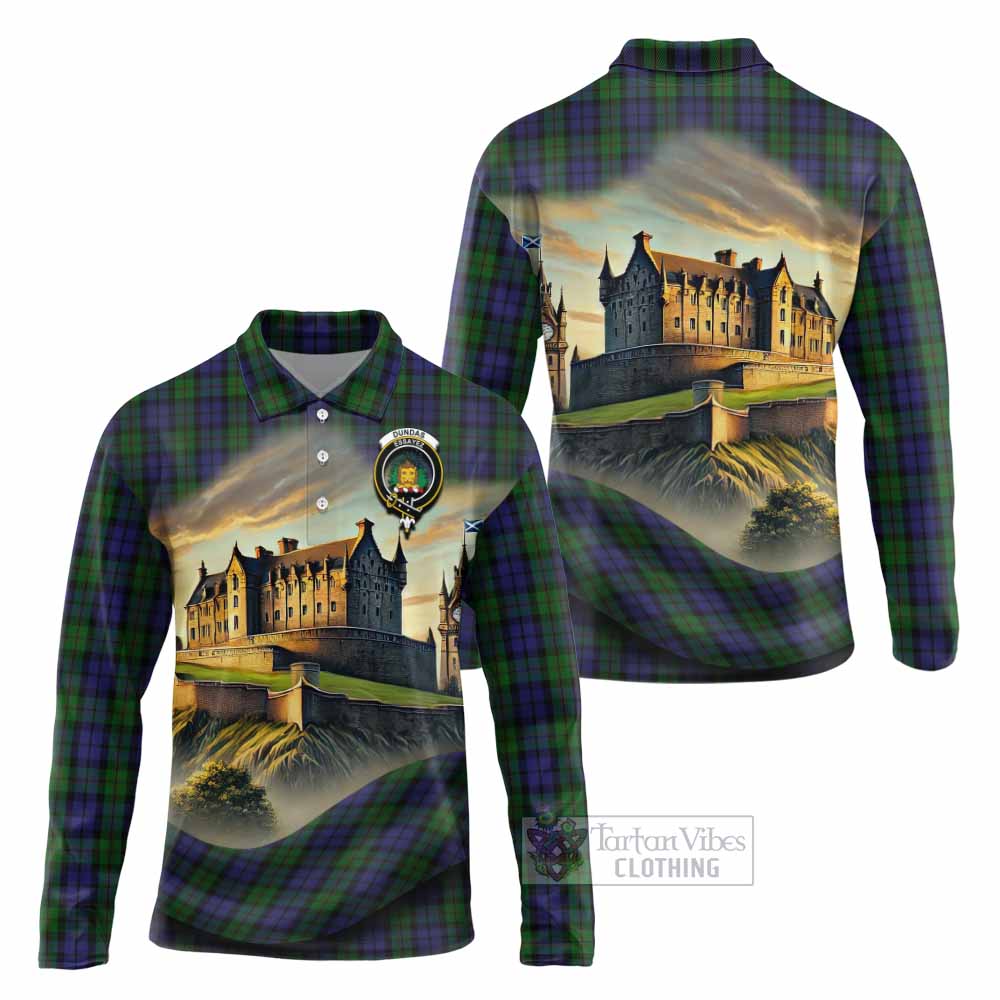 Dundas Tartan Family Crest Long Sleeve Polo Shirt with Scottish Ancient Castle Style - Tartan Vibes Clothing