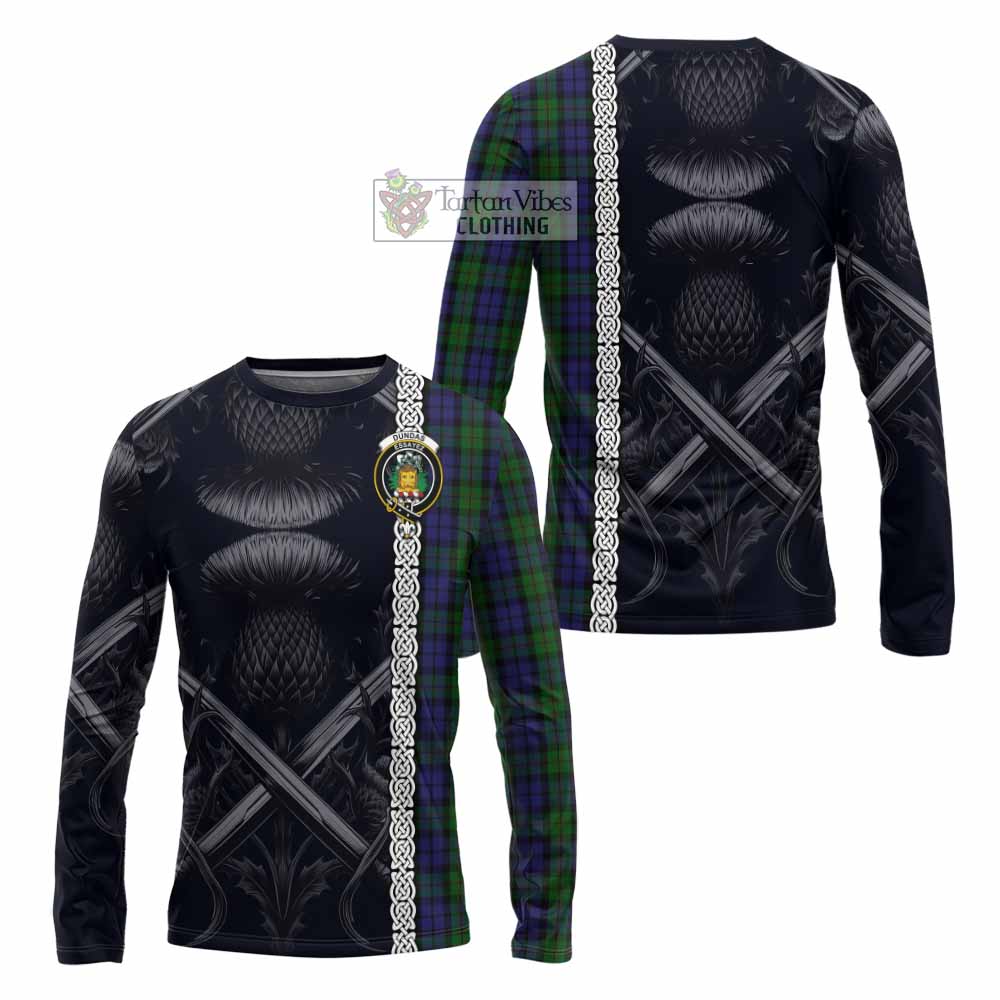 Dundas Tartan Long Sleeve T-Shirt with Family Crest Cross Sword Thistle Celtic Vibes - Tartan Vibes Clothing