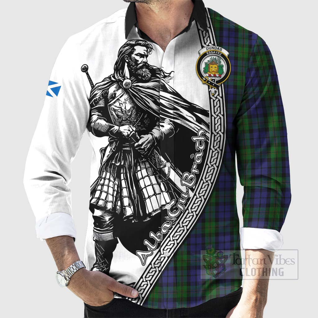 Dundas Tartan Clan Crest Long Sleeve Button Shirt with Highlander Warrior Celtic Style - Tartan Vibes Clothing