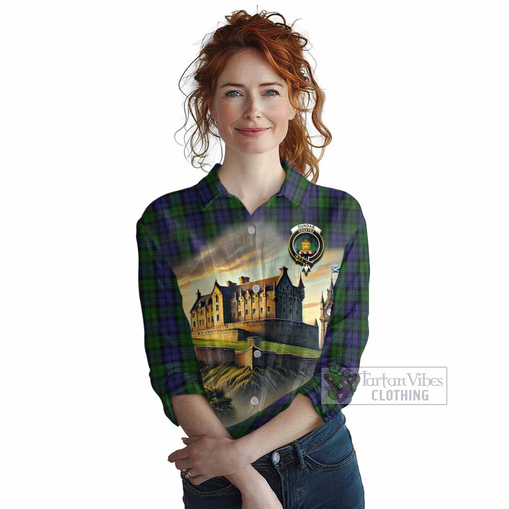 Dundas Tartan Family Crest Women's Casual Shirt with Scottish Ancient Castle Style - Tartan Vibes Clothing