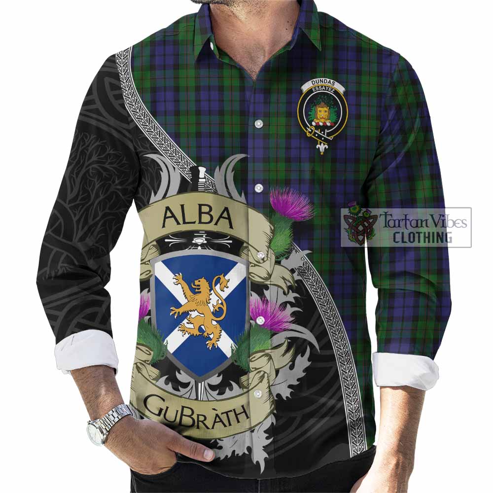 Dundas Tartan Family Crest Long Sleeve Button Shirt Lion Rampant Royal Thistle Shield Celtic Inspired - Tartan Vibes Clothing