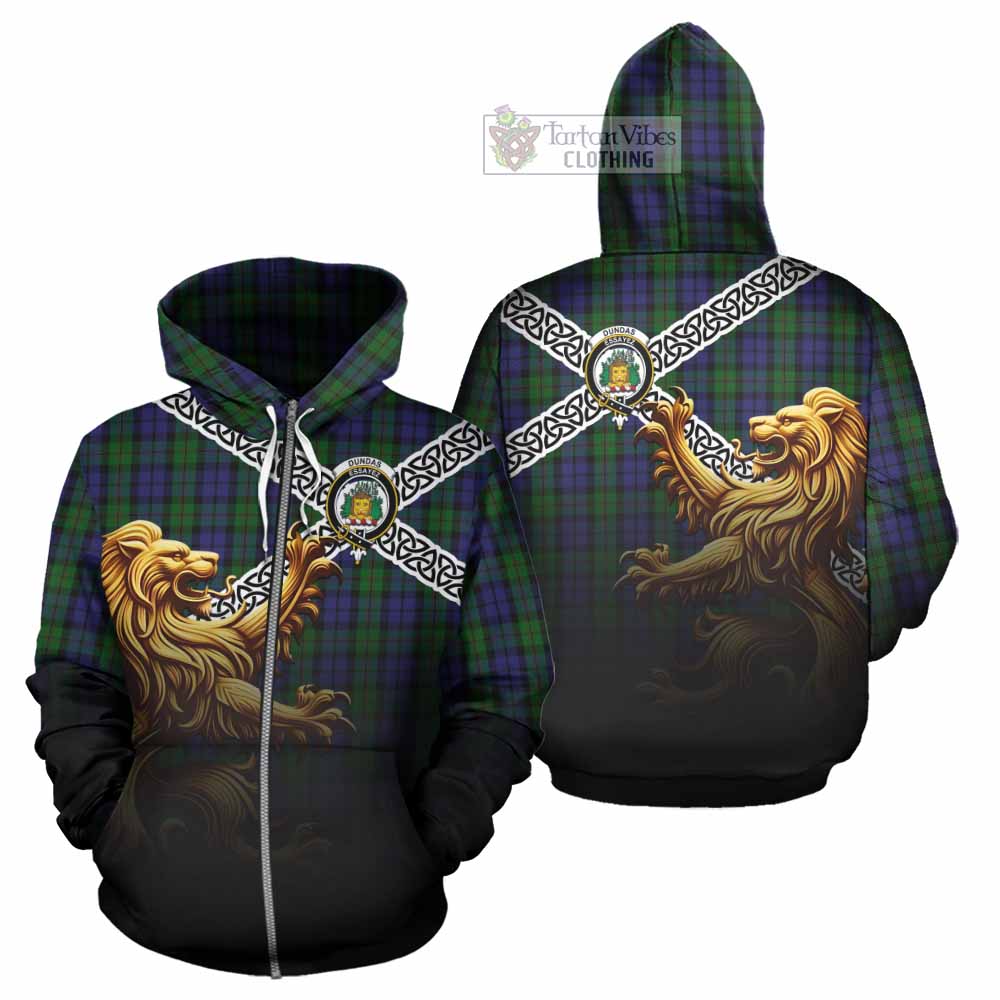 Dundas Crest Tartan Hoodie with Golden Lion Emblem Celtic Style Zip Hoodie - Tartan Vibes Clothing