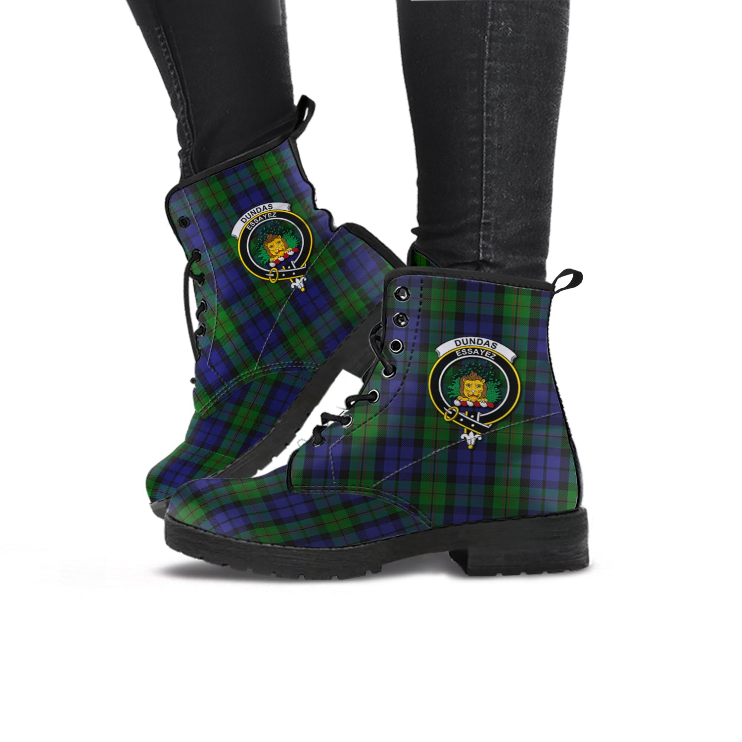 Dundas Tartan Leather Boots with Family Crest - Tartan Vibes Clothing