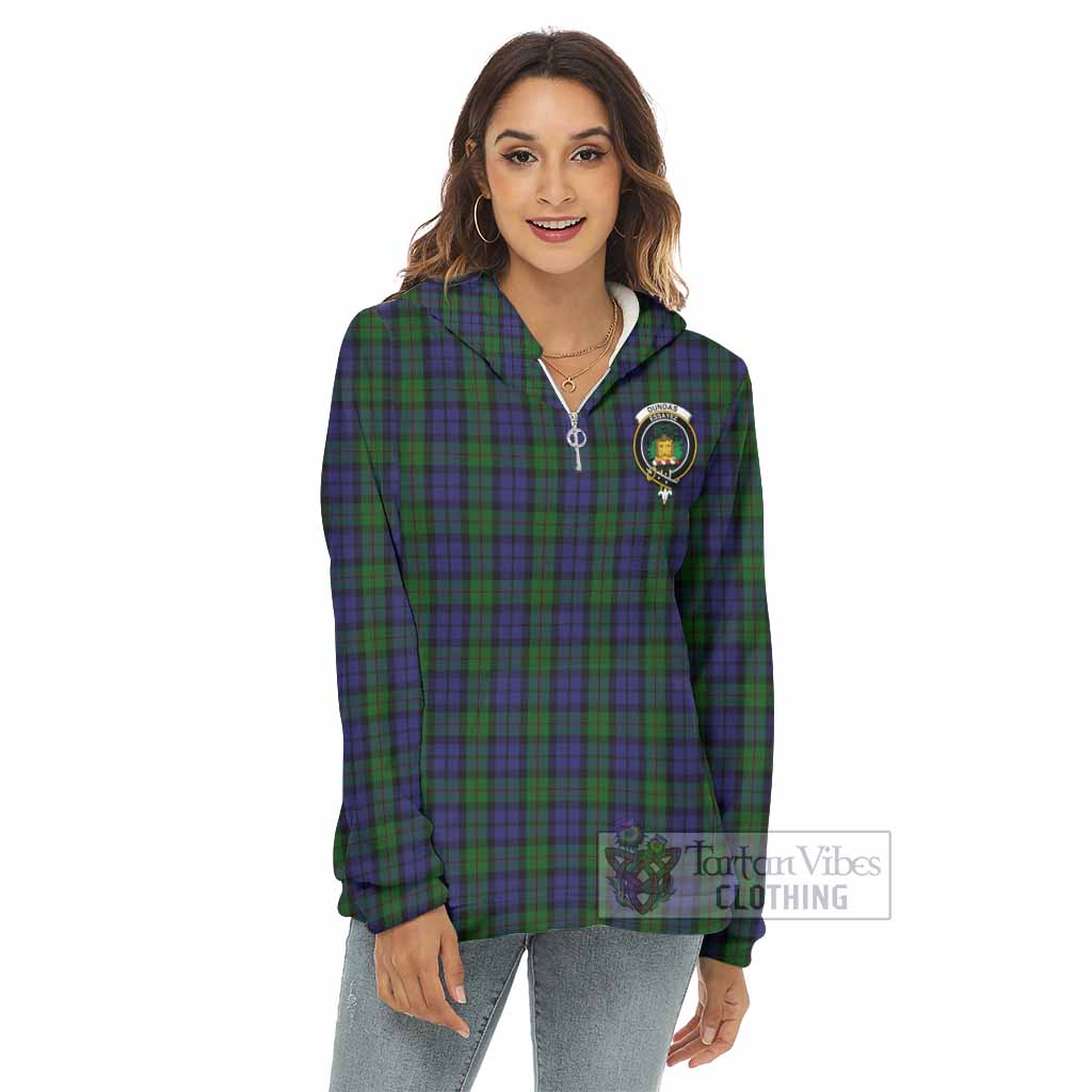 Dundas Tartan Women's Borg Fleece Hoodie with Half Zip with Family Crest - Tartan Vibes Clothing