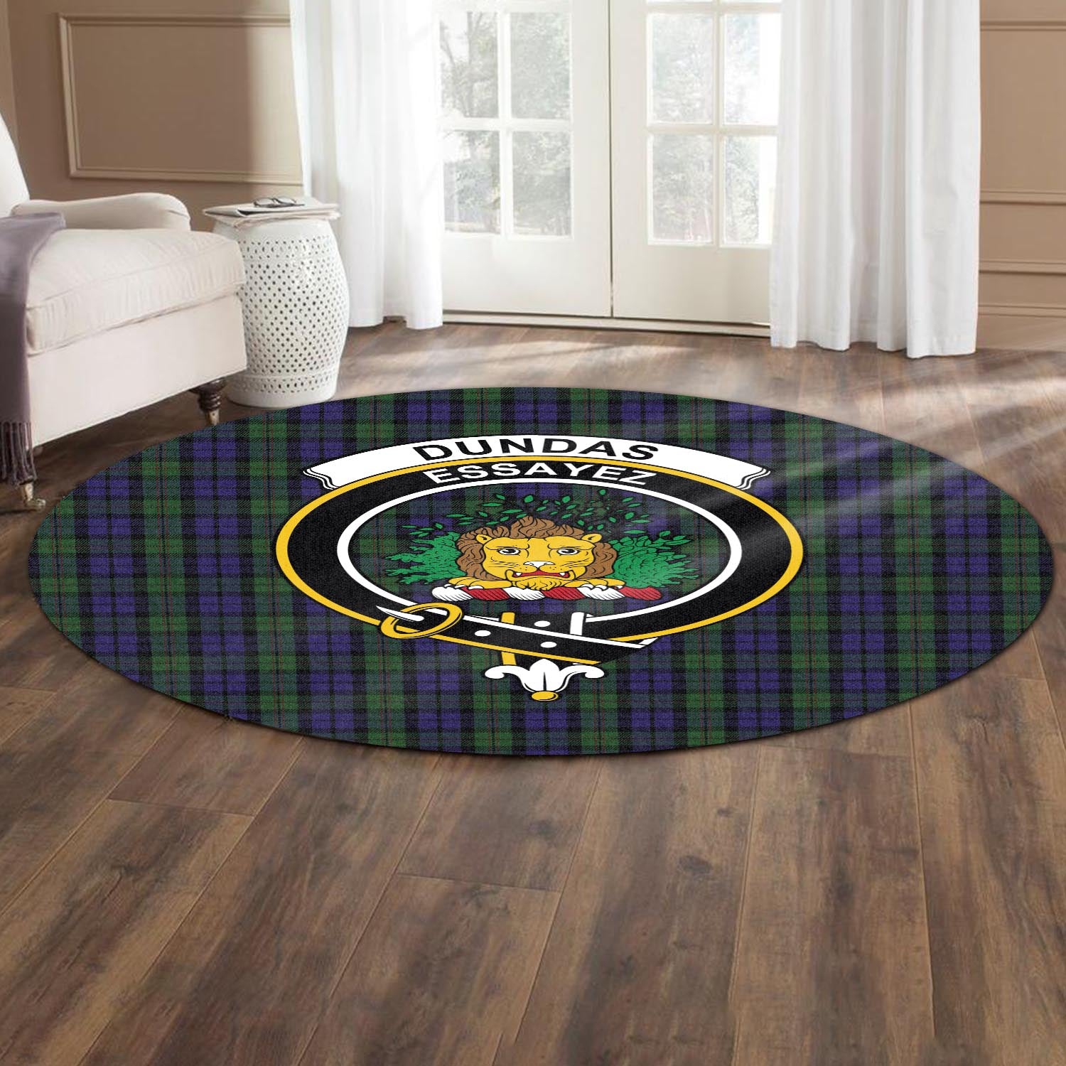 Dundas Tartan Round Rug with Family Crest - Tartan Vibes Clothing
