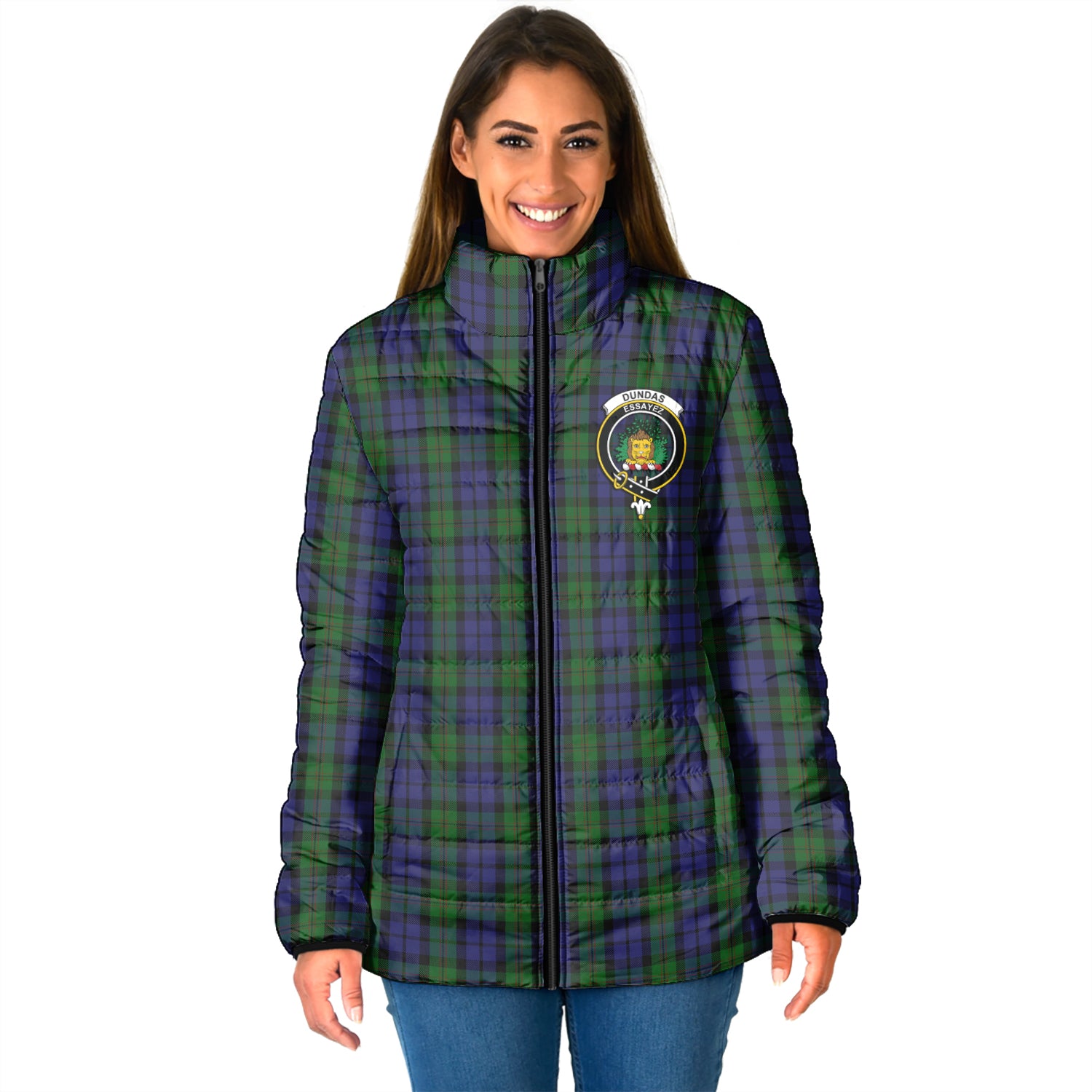 Dundas Tartan Padded Jacket with Family Crest - Tartan Vibes Clothing