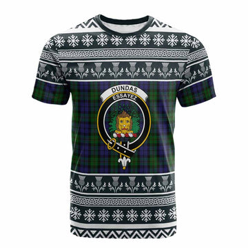 Dundas Clan Tartan Christmas Cotton T-shirt with Family Crest