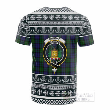 Dundas Clan Tartan Christmas Cotton T-shirt with Family Crest