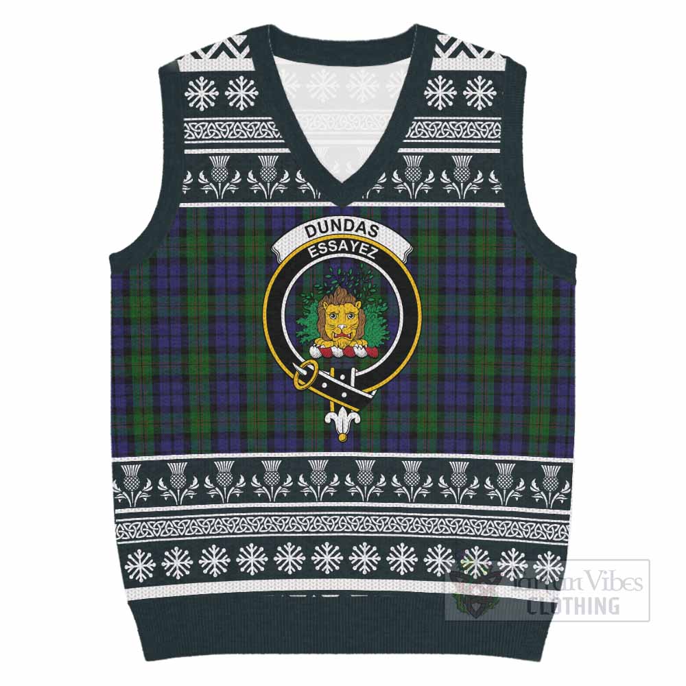 Dundas Clan Tartan Christmas Knitted V-Neck Vest with Family Crest - Tartan Vibes Clothing