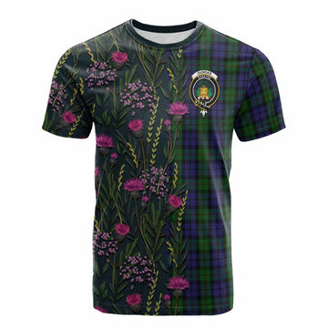 Dundas Family Crest Tartan Cotton T-shirt Scottish Thistle Flower Pattern Half Style