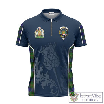 Dundas Modern Tartan Zipper Polo Shirt with Family Crest and Scottish Thistle Vibes Sport Style