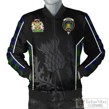 Dundas Modern Tartan Bomber Jacket with Family Crest and Scottish Thistle Vibes Sport Style