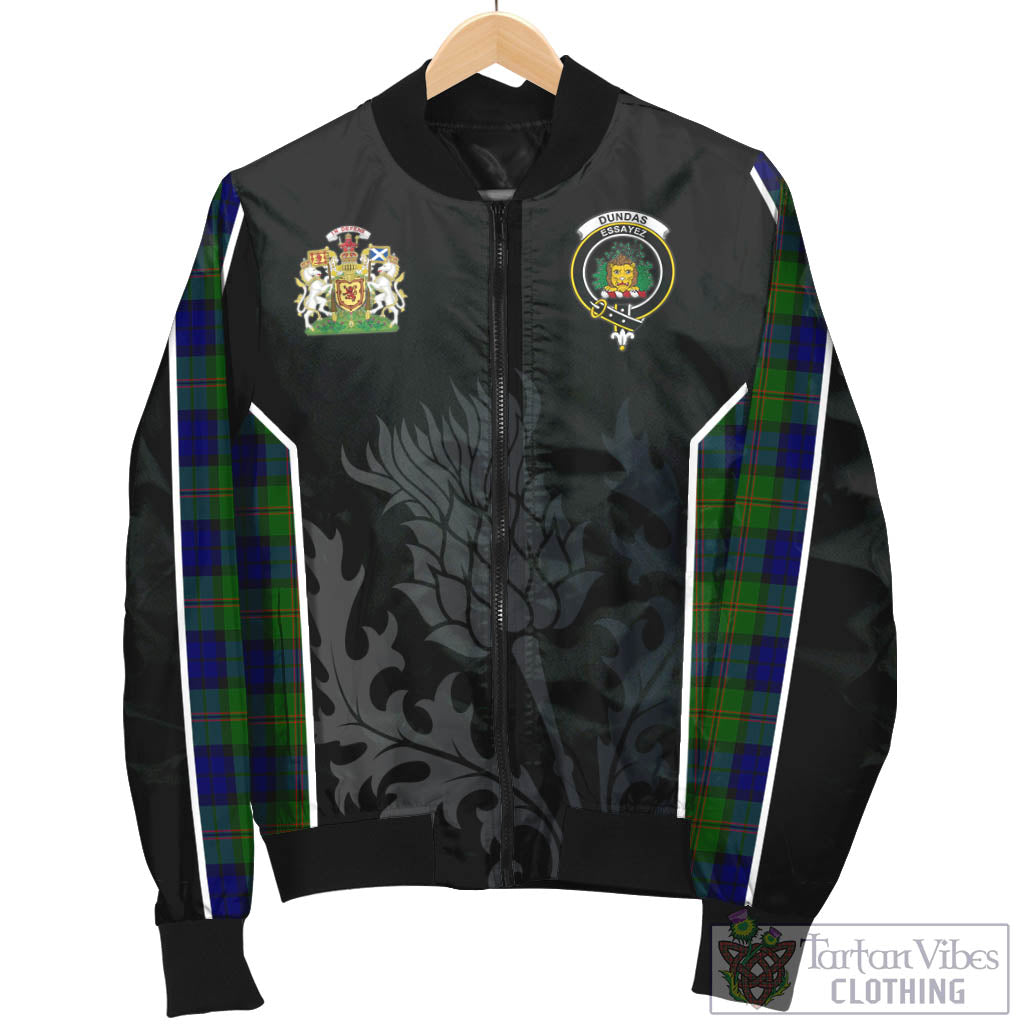 Tartan Vibes Clothing Dundas Modern Tartan Bomber Jacket with Family Crest and Scottish Thistle Vibes Sport Style