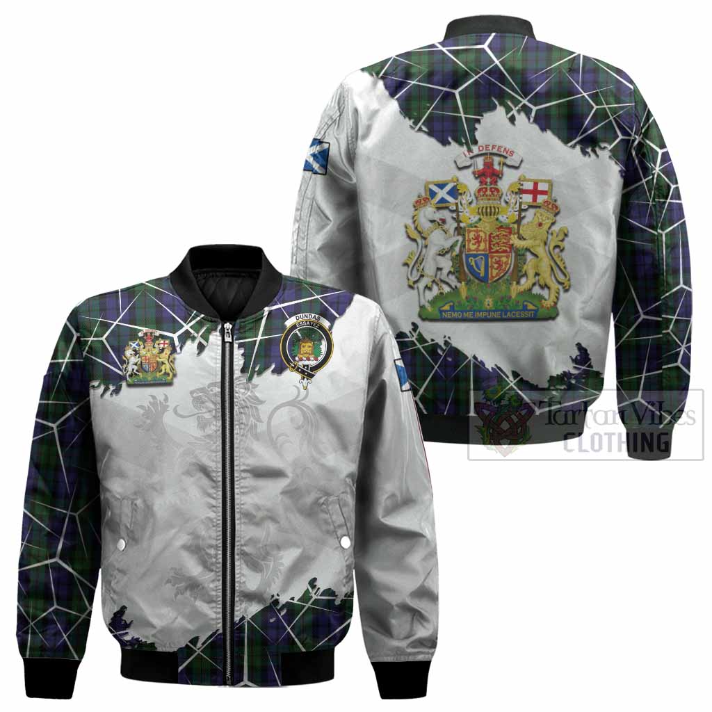 Dundas Tartan Bomber Jacket with Family Crest and Lion Rampant Grunge Style