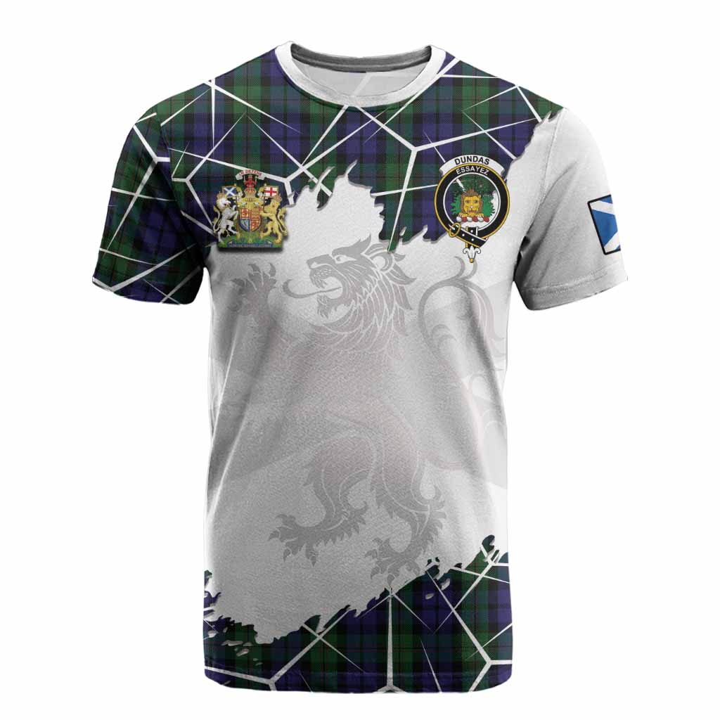 Dundas Tartan Cotton T-shirt with Family Crest and Lion Rampant Grunge Style
