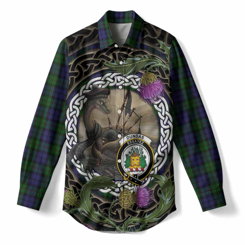Dundas Tartan Crest Bagpipe Nessie Women Casual Shirt Scottish Loch Ness Monster Celtic Thistle