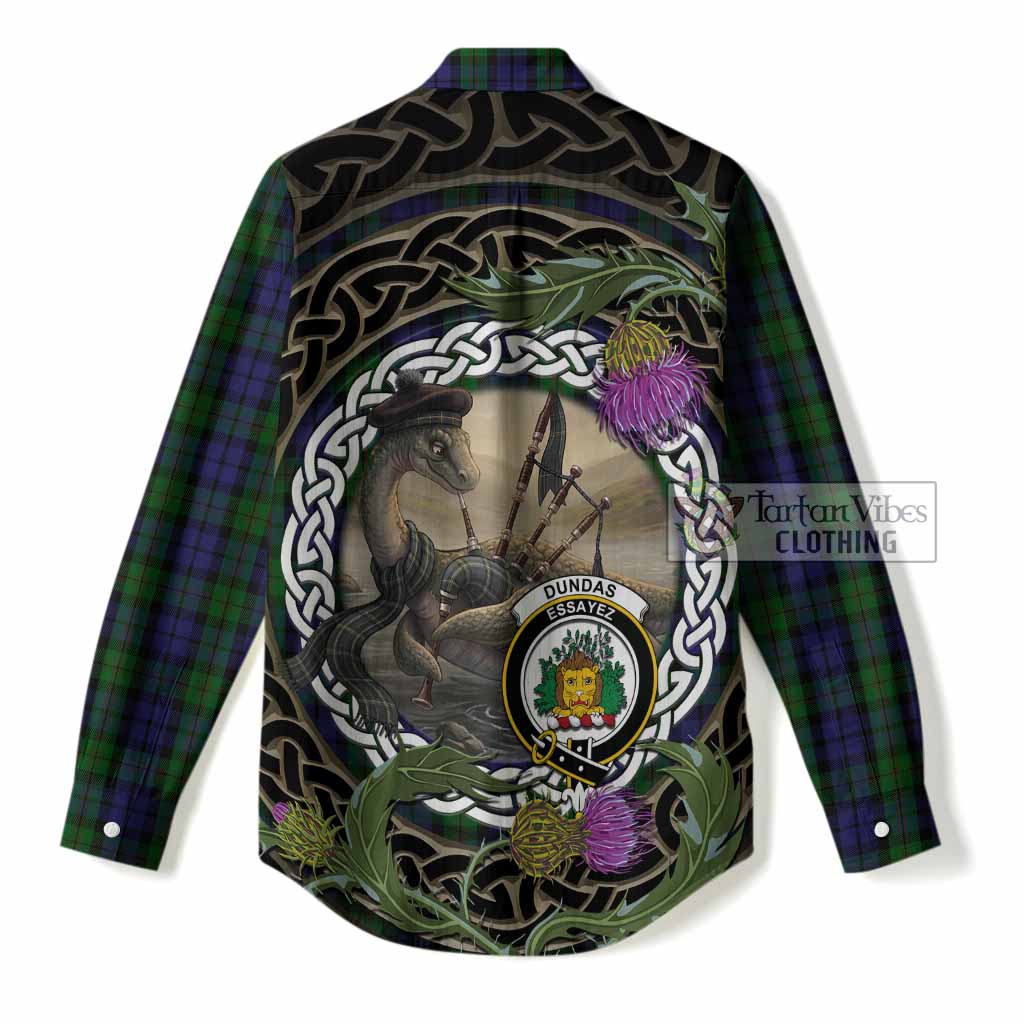 Dundas Tartan Crest Bagpipe Nessie Women Casual Shirt Scottish Loch Ness Monster Celtic Thistle