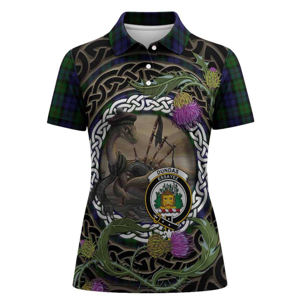 Dundas Tartan Crest Bagpipe Nessie Women Polo Shirt Scottish Loch Ness Monster Celtic Thistle