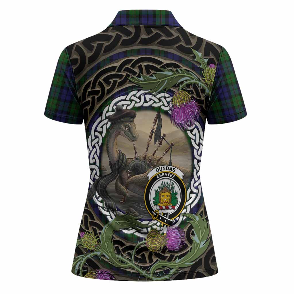 Dundas Tartan Crest Bagpipe Nessie Women Polo Shirt Scottish Loch Ness Monster Celtic Thistle