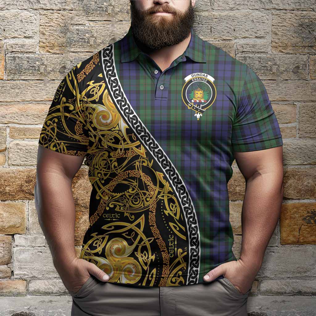 Dundas Tartan Crest Polo Shirt Celtic Knot and Triple Trickle Spiral Symbols