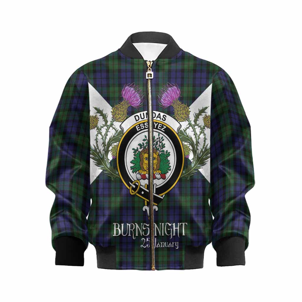 Dundas Tartan Family Crest Kid Bomber Jacket Scottish Burns Night Thistle Floral
