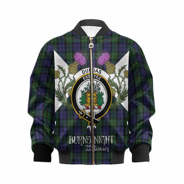 Dundas Tartan Family Crest Kid Bomber Jacket Scottish Burns Night Thistle Floral